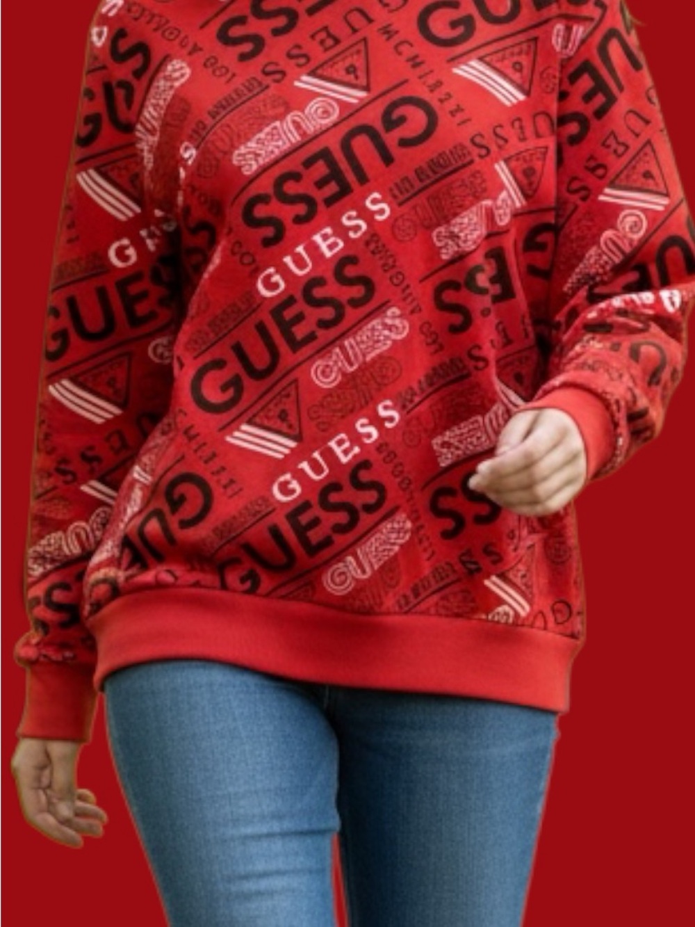 Guess Red Allover Logo Pullover Sweatshirt
